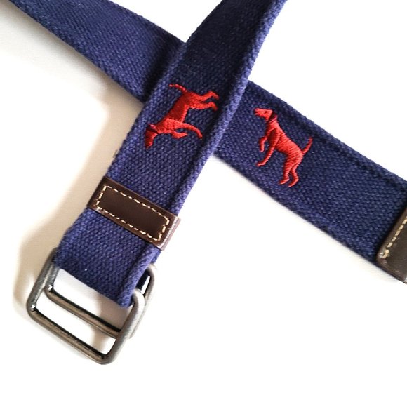 Blue fabric kids belt with embroidered dogs. - Picture 2 of 6